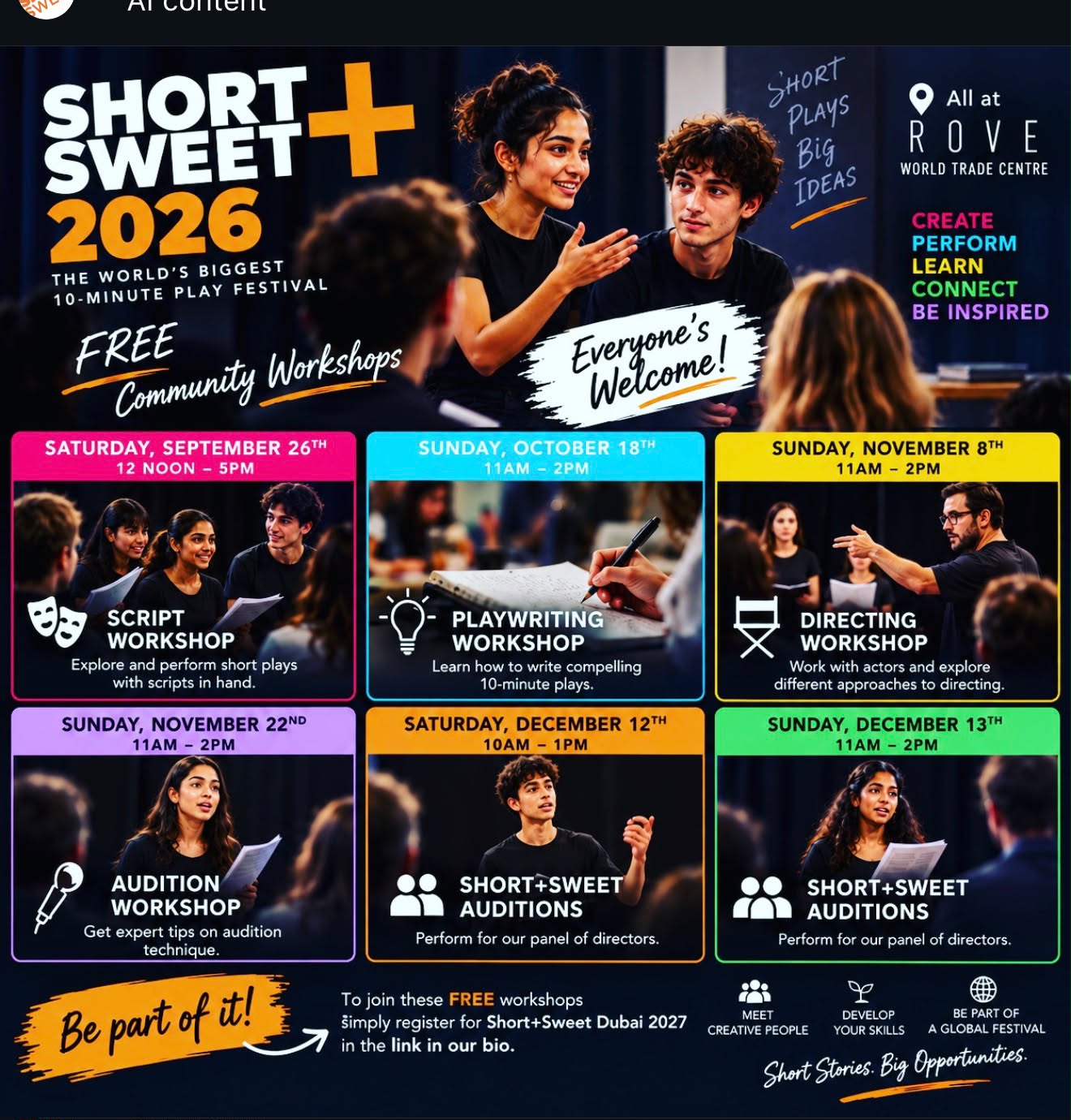 🎭 SHORT+SWEET FREE COMMUNITY WORKSHOPS